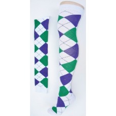 White with green and purple over the knee cotton argyle socks size 4-9